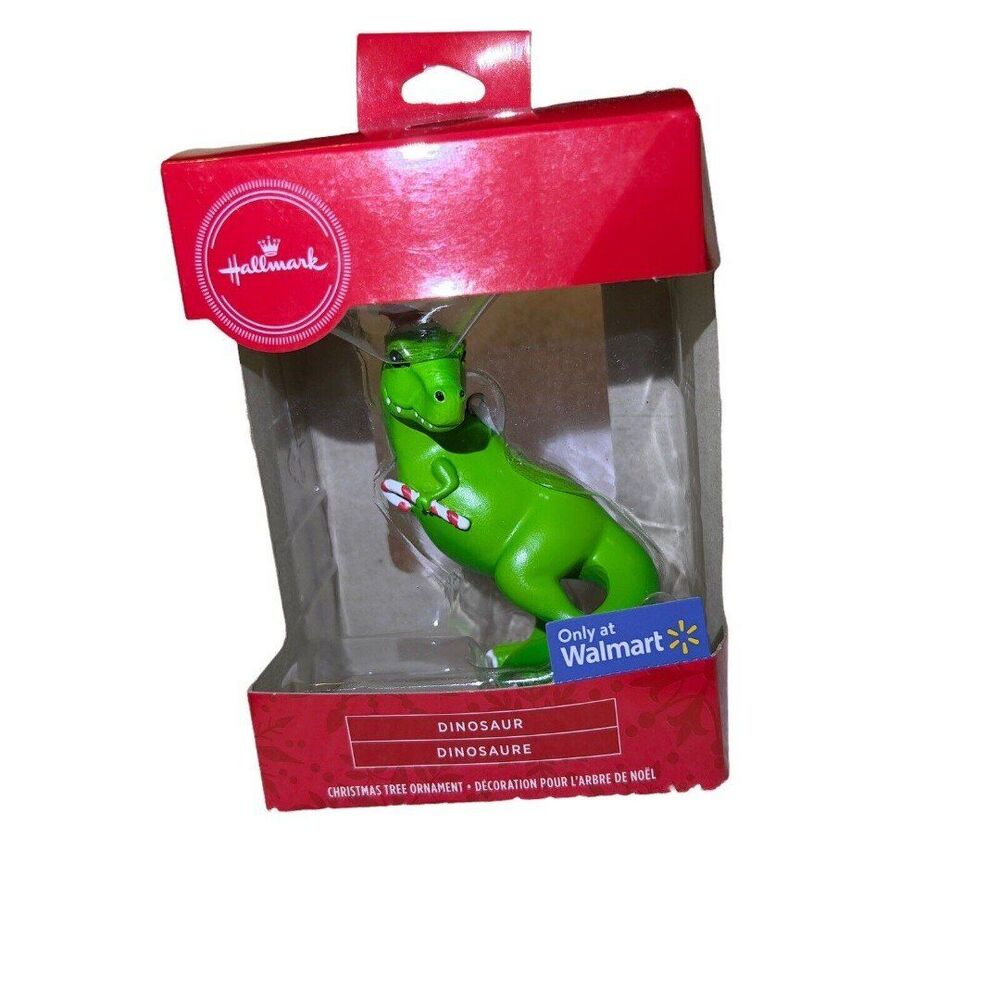 Hallmark 2018 T-Rex 3.5” Dinosaur Santa Hat Candy Cane Christmas Ornament NEW